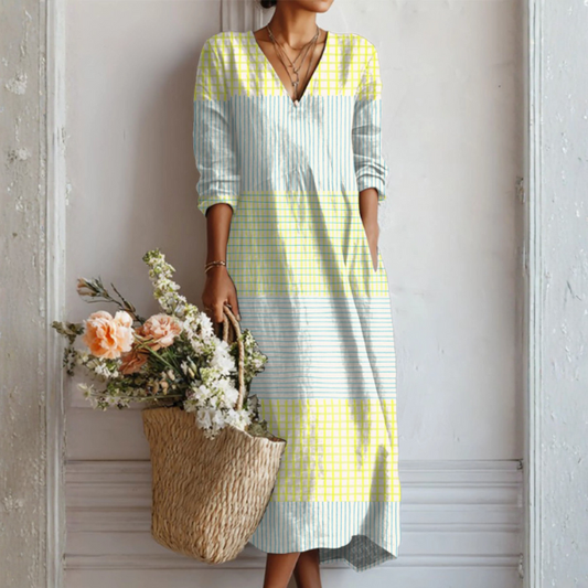 Abito Donna Cotone Mix Patchwork Strisce Scollo a V Manica Lunga Midi