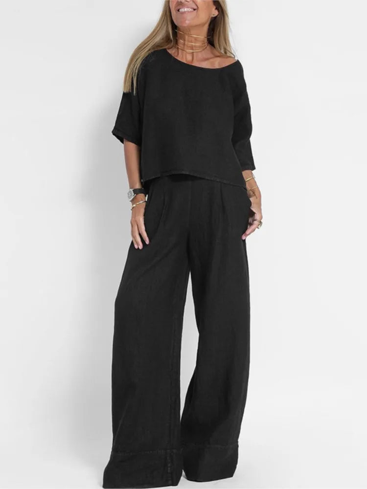 Set Due Pezzi Donna Cotone Lino Smanicato Top Manica Corta  Pantaloni Largo Casual
