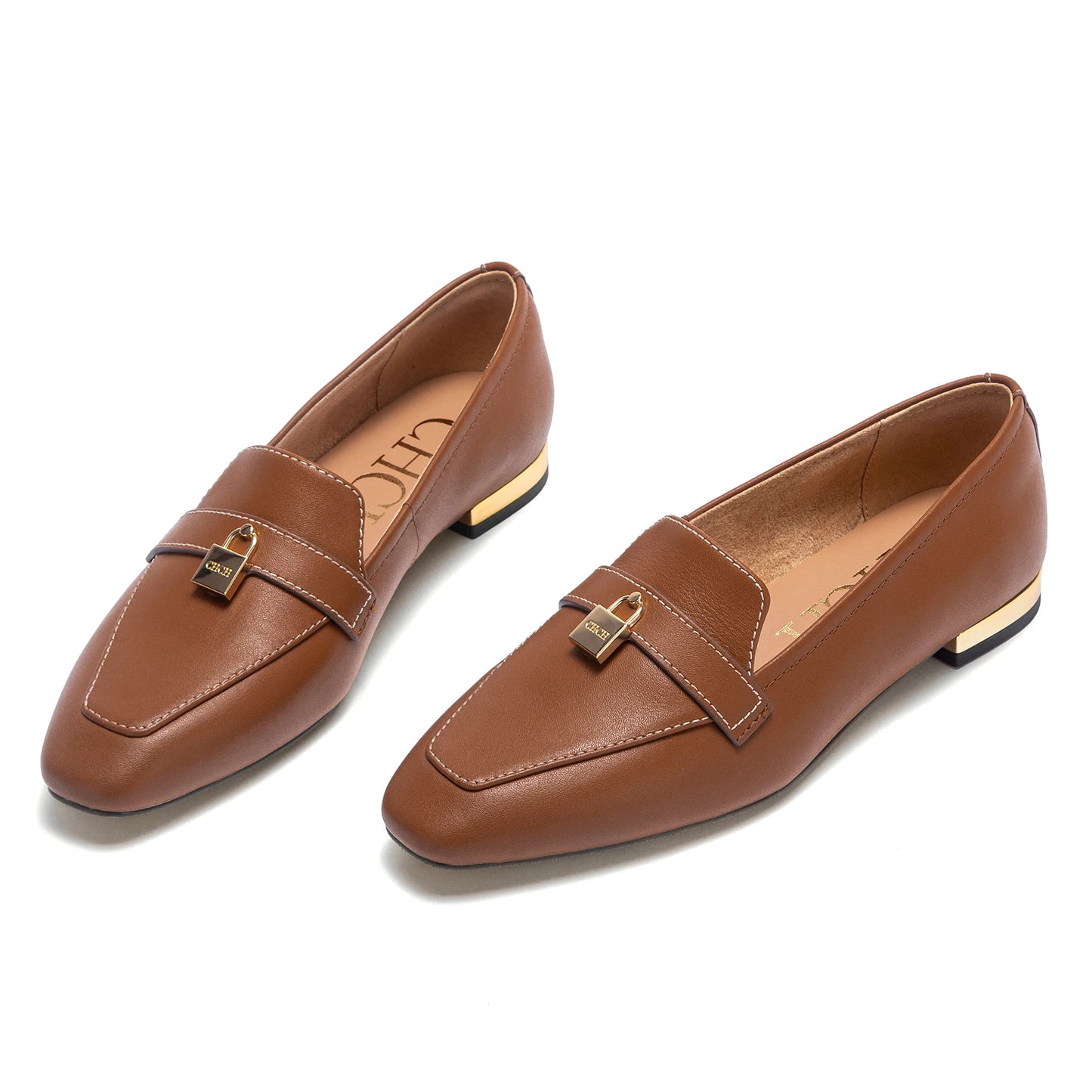 Ballerine Donna Pelle con Dettaglio Chiusura Oro Punta Tonda Tacco Basso Casual Ufficio