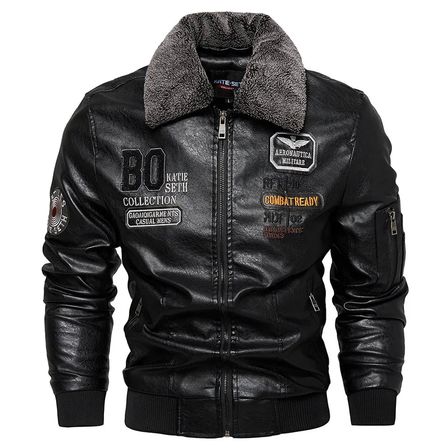 Giacca Bomber in Pelle Uomo Slim Fit con Collo in Pelliccia Giacca Calda