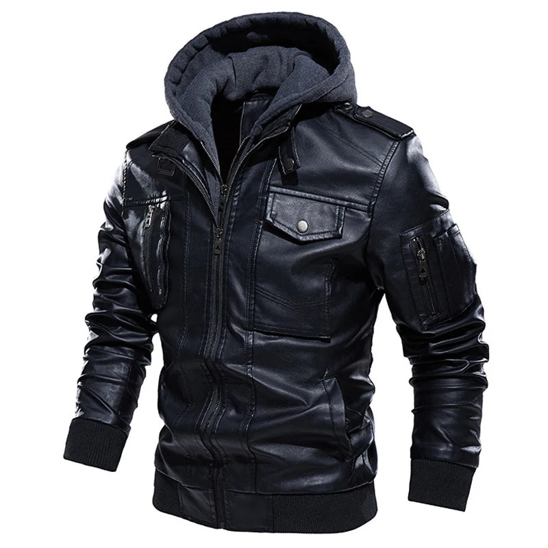 Giacca Uomo Pelle Vintage Calda Con Cappuccio Bomber Smanicato Manica Lunga