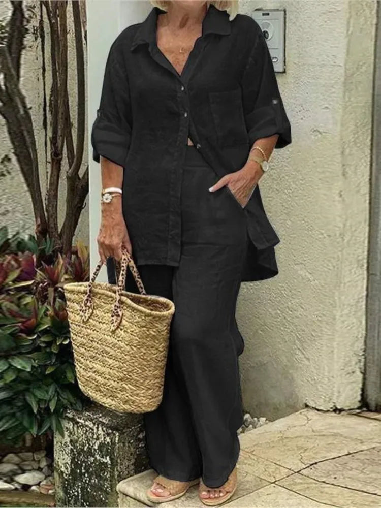 Camicia Donna  Manica Lunga con Tasche Completo Casual Autunno Pantaloni Larghi