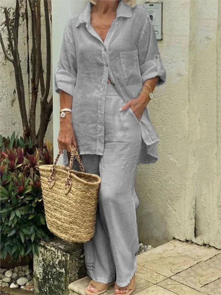 Camicia Donna  Manica Lunga con Tasche Completo Casual Autunno Pantaloni Larghi
