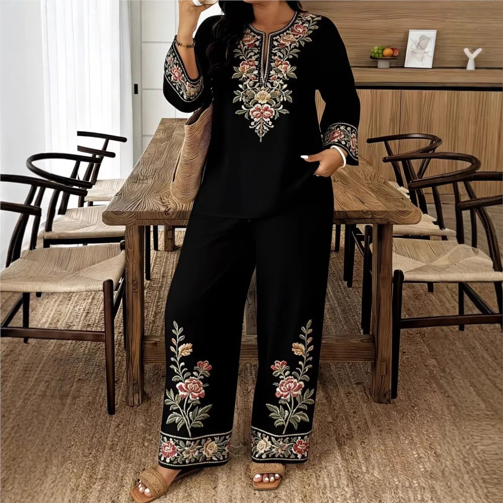 Completo Donna Stampa Retro Manica Lunga Scollo O Tuta Casual Etno 2 Pezzi