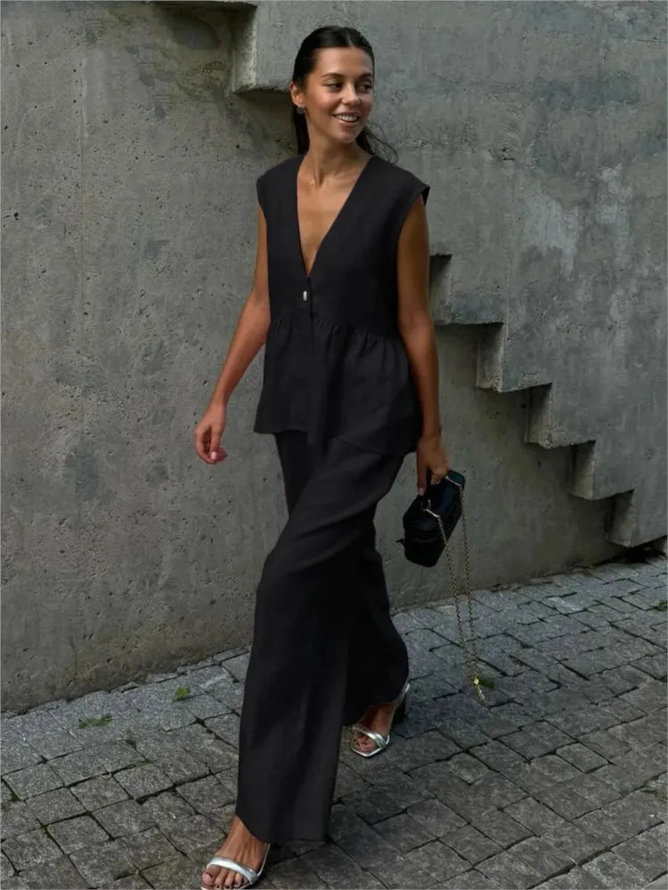 Completo Donna Smanicato Rouches Top Senza Maniche con Pantaloni Ampi