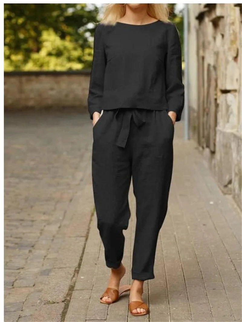 Completo Donna Cotone Lino Manica Lunga Pantaloni Larghi Elegante