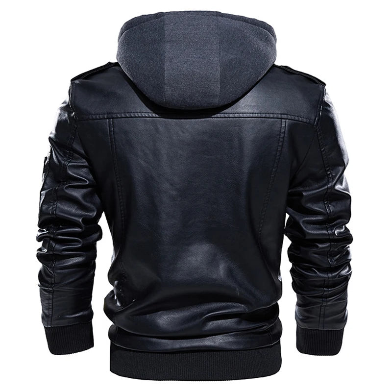 Giacca Uomo Pelle Vintage Calda Con Cappuccio Bomber Smanicato Manica Lunga