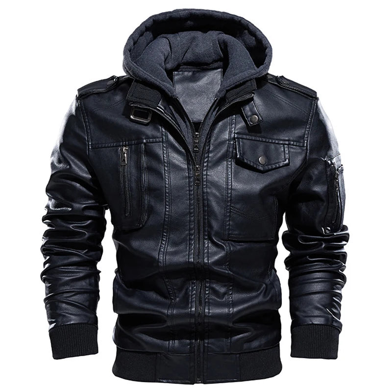 Giacca Uomo Pelle Vintage Calda Con Cappuccio Bomber Smanicato Manica Lunga