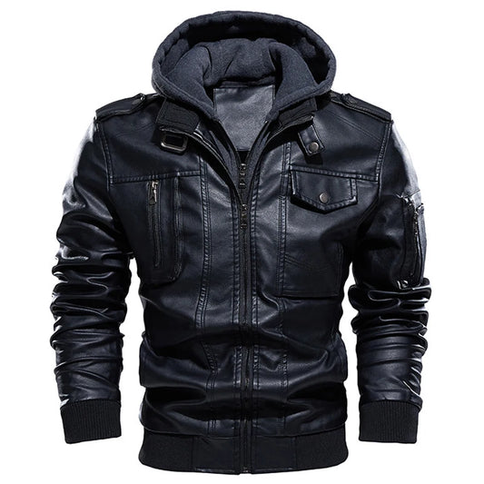 Giacca Uomo Pelle Vintage Calda Con Cappuccio Bomber Smanicato Manica Lunga