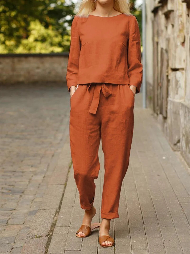 Completo Donna Cotone Lino Manica Lunga Pantaloni Larghi Elegante
