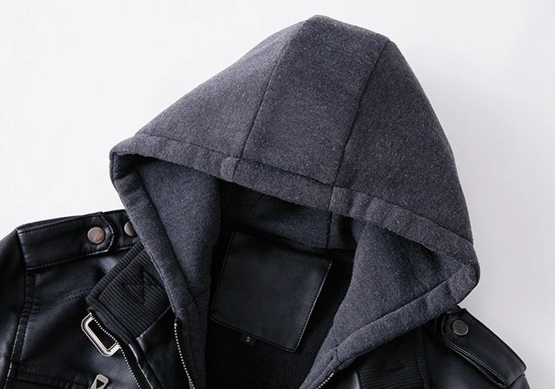 Giacca Uomo Pelle Vintage Calda Con Cappuccio Bomber Smanicato Manica Lunga