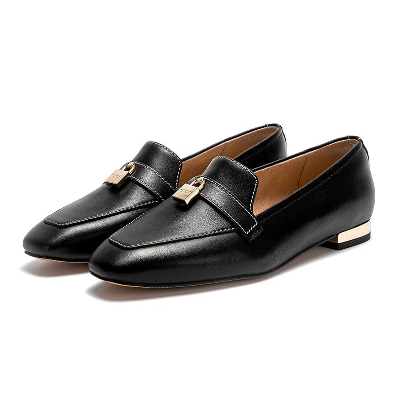Ballerine Donna Pelle con Dettaglio Chiusura Oro Punta Tonda Tacco Basso Casual Ufficio