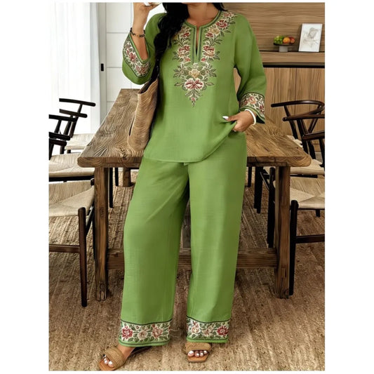 Completo Donna Stampa Retro Manica Lunga Scollo O Tuta Casual Etno 2 Pezzi