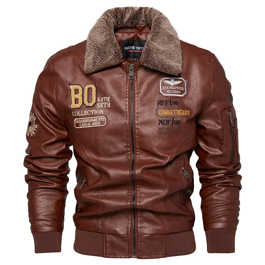 Giacca Bomber in Pelle Uomo Slim Fit con Collo in Pelliccia Giacca Calda