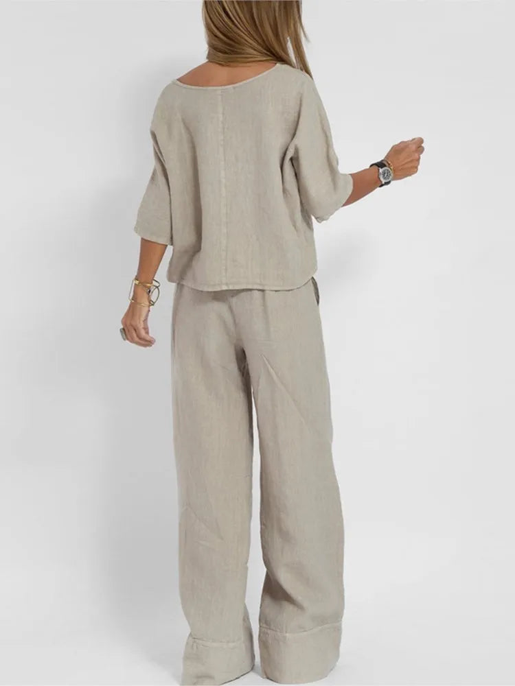 Set Due Pezzi Donna Cotone Lino Smanicato Top Manica Corta  Pantaloni Largo Casual