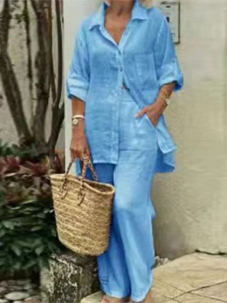 Camicia Donna  Manica Lunga con Tasche Completo Casual Autunno Pantaloni Larghi