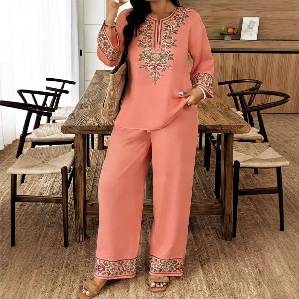 Completo Donna Stampa Retro Manica Lunga Scollo O Tuta Casual Etno 2 Pezzi