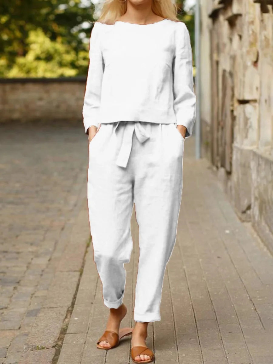 Completo Donna Cotone Lino Manica Lunga Pantaloni Larghi Elegante
