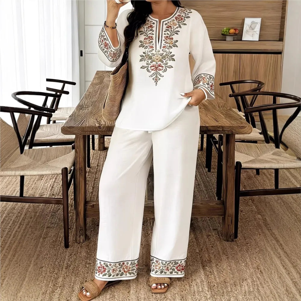 Completo Donna Stampa Retro Manica Lunga Scollo O Tuta Casual Etno 2 Pezzi