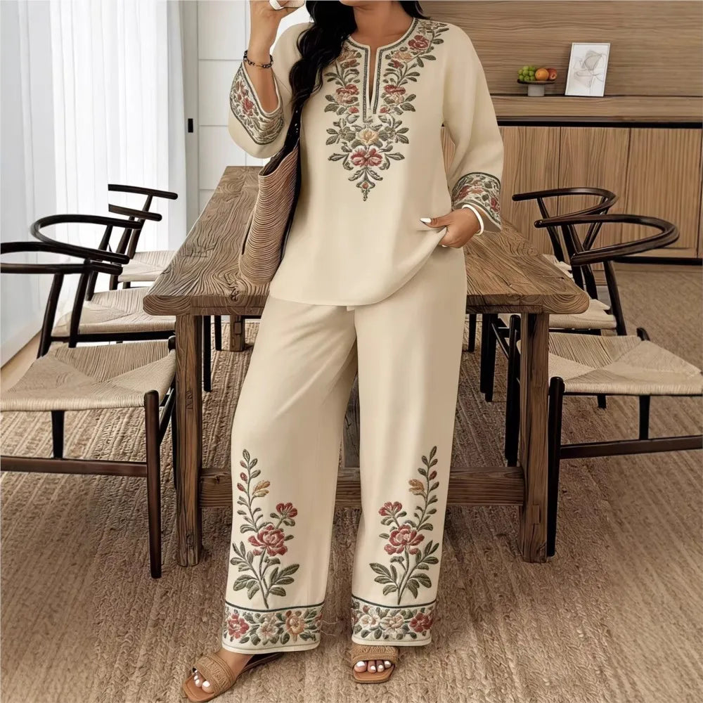 Completo Donna Stampa Retro Manica Lunga Scollo O Tuta Casual Etno 2 Pezzi