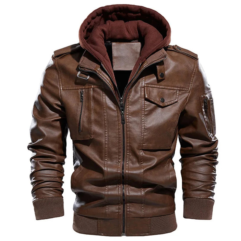 Giacca Uomo Pelle Vintage Calda Con Cappuccio Bomber Smanicato Manica Lunga