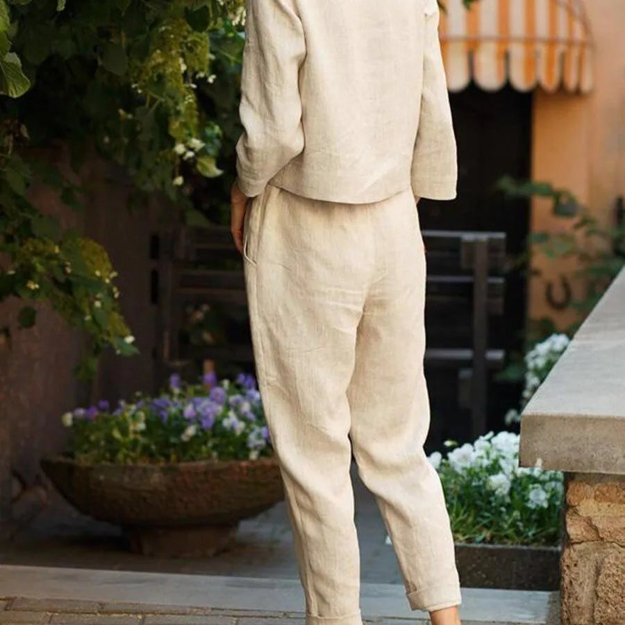 Completo Donna Cotone Lino Manica Lunga Pantaloni Larghi Elegante