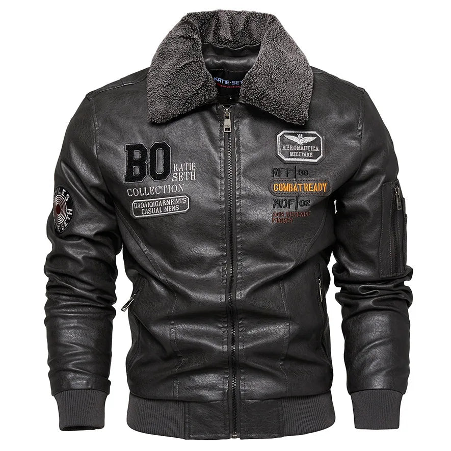 Giacca Bomber in Pelle Uomo Slim Fit con Collo in Pelliccia Giacca Calda
