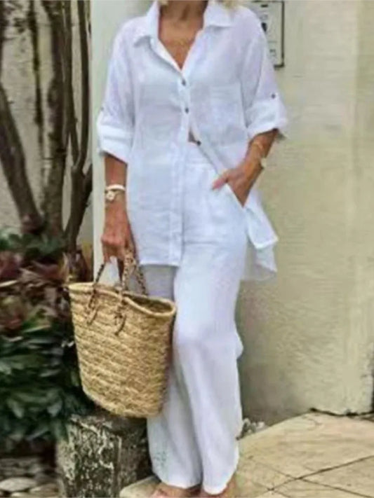 Camicia Donna  Manica Lunga con Tasche Completo Casual Autunno Pantaloni Larghi