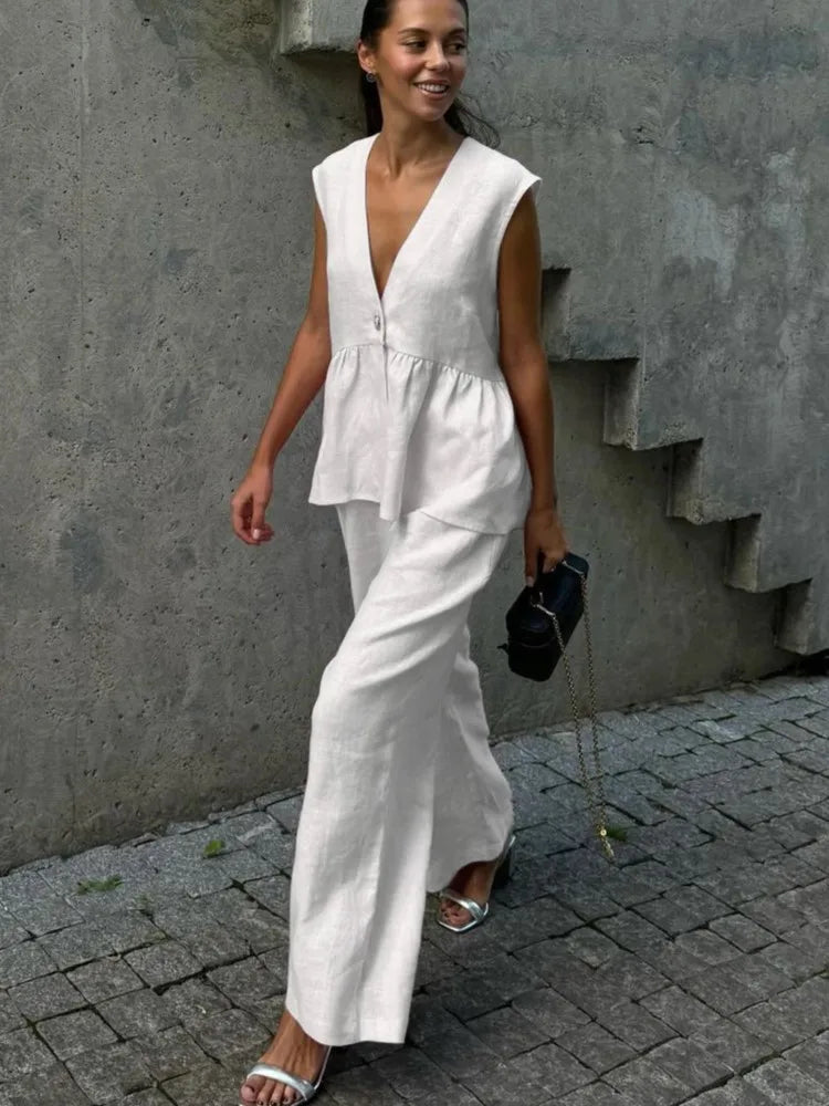 Completo Donna Smanicato Rouches Top Senza Maniche con Pantaloni Ampi
