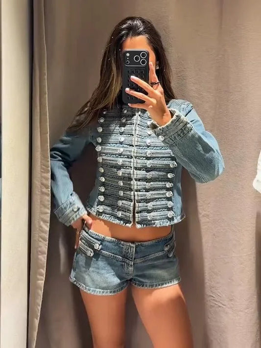 Completo Estivo Donna Denim Smanicato con Bottoni Stile