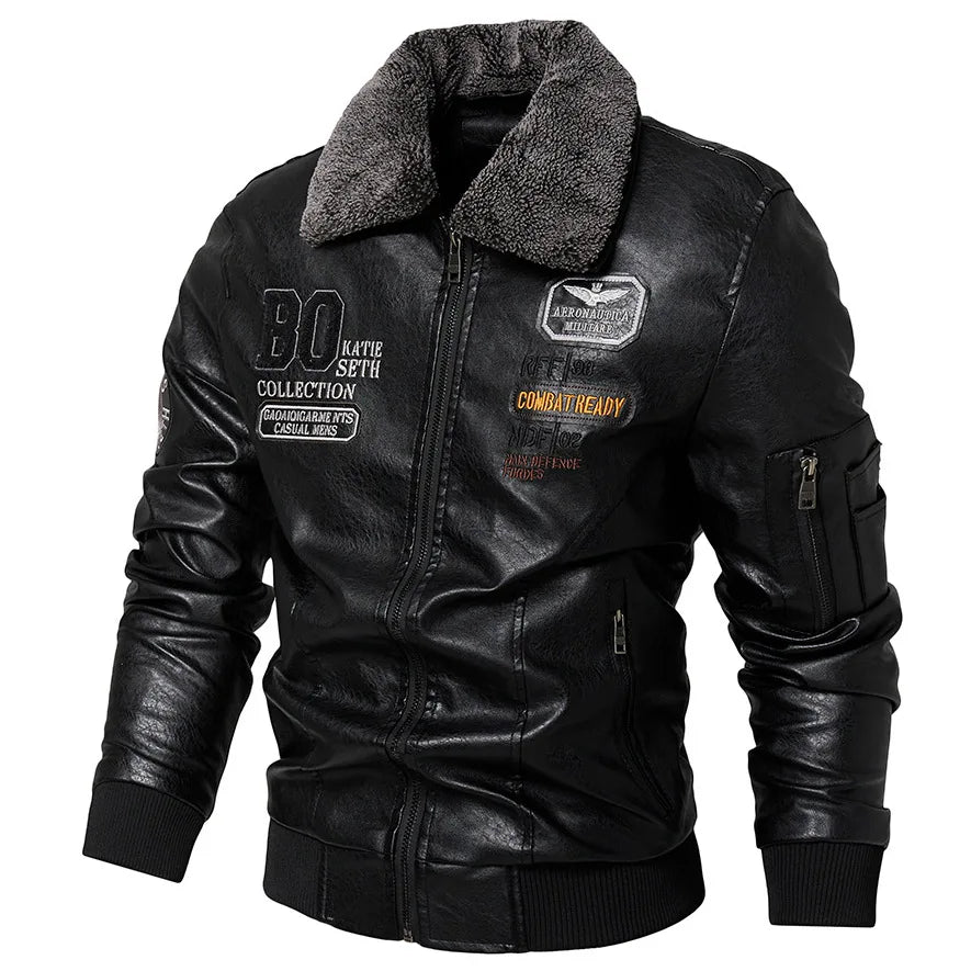 Giacca Bomber in Pelle Uomo Slim Fit con Collo in Pelliccia Giacca Calda