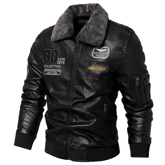 Giacca Bomber in Pelle Uomo Slim Fit con Collo in Pelliccia Giacca Calda