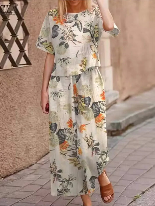 Completo Donna Vintage Stampato Manica Corta Vita Alta Pantaloni Ampi