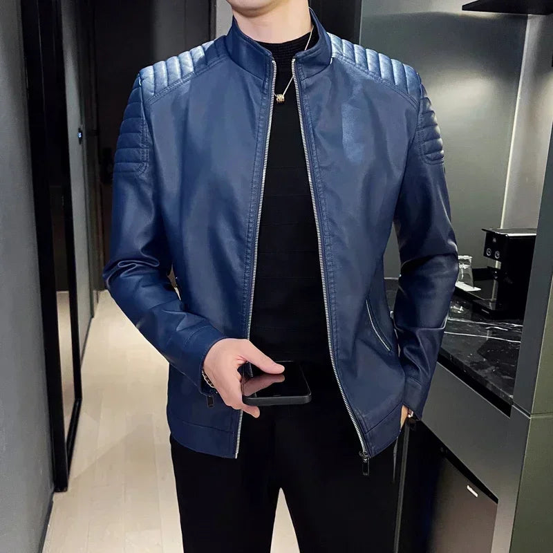 Giacca Uomo Pelle Smanicata Collo Alto Giacca Moto Bomber Moda Invernale