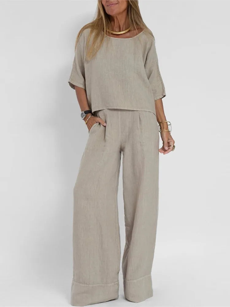 Set Due Pezzi Donna Cotone Lino Smanicato Top Manica Corta  Pantaloni Largo Casual