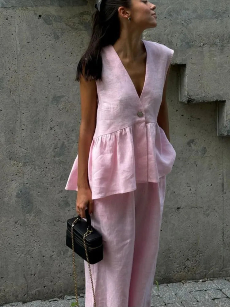 Completo Donna Smanicato Rouches Top Senza Maniche con Pantaloni Ampi