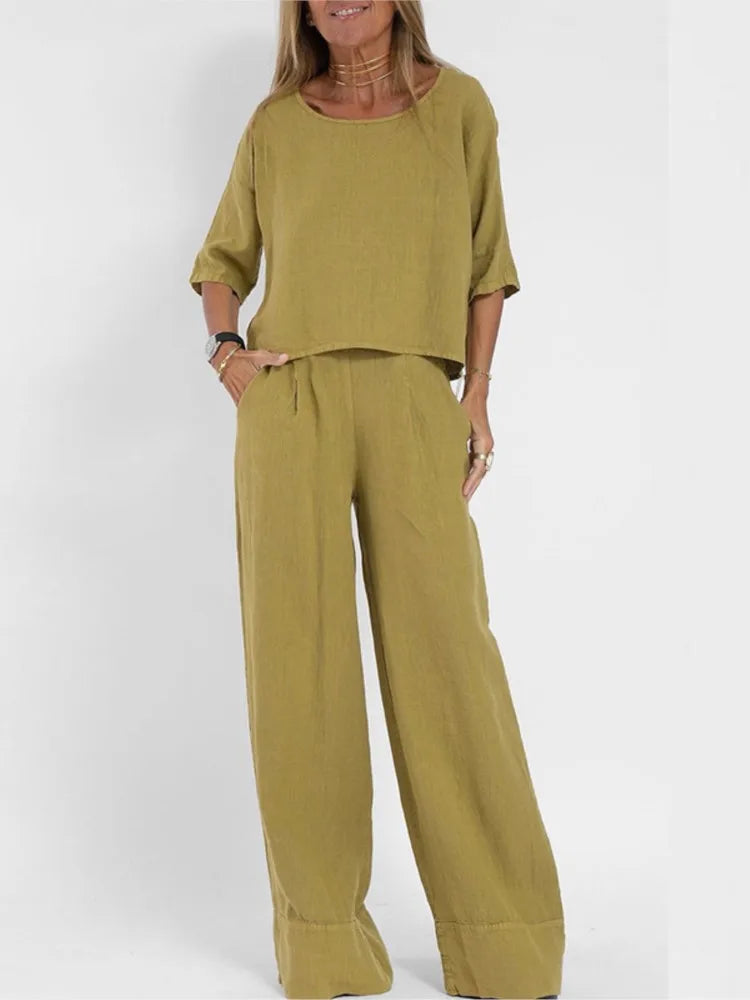 Set Due Pezzi Donna Cotone Lino Smanicato Top Manica Corta  Pantaloni Largo Casual