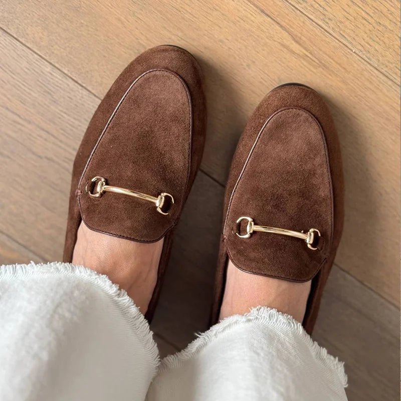 Mocassini Donna Suede Punta Tonda Decorazione Metallica Casual Flat Handmade