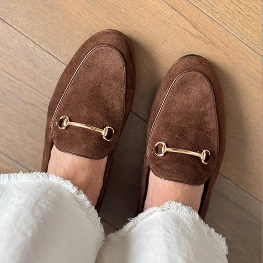 Mocassini Donna Suede Punta Tonda Decorazione Metallica Casual Flat Handmade