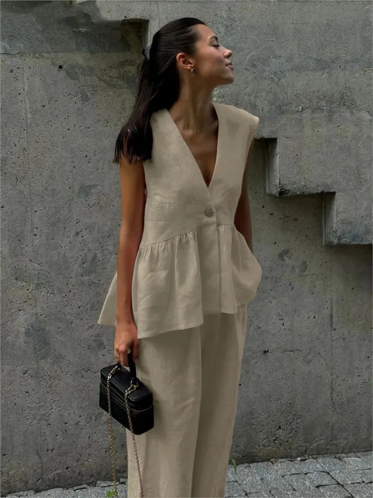 Completo Donna Smanicato Rouches Top Senza Maniche con Pantaloni Ampi