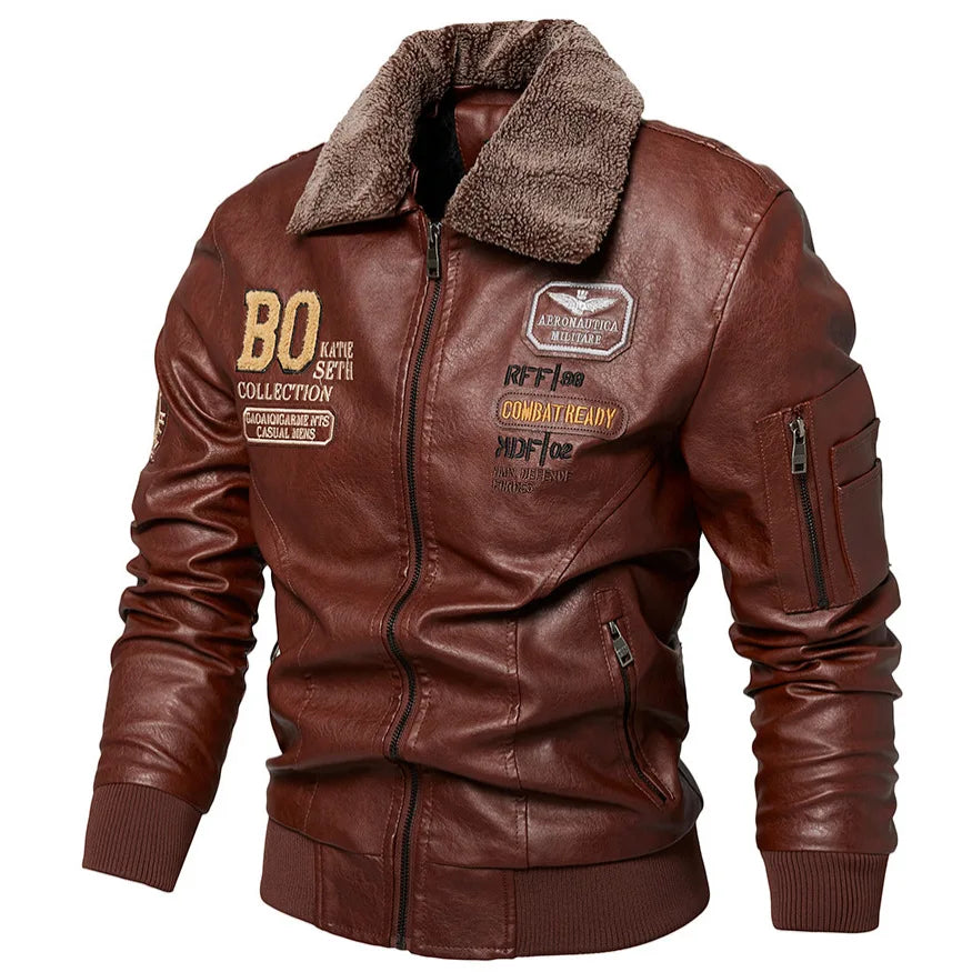 Giacca Bomber in Pelle Uomo Slim Fit con Collo in Pelliccia Giacca Calda