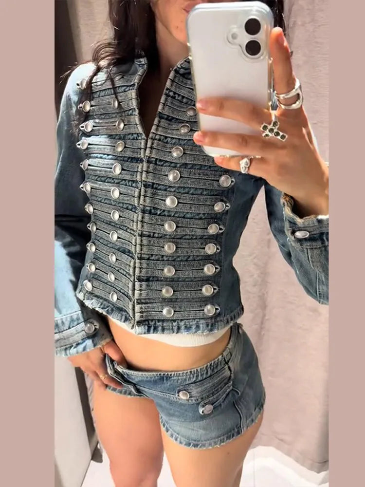 Completo Estivo Donna Denim Smanicato con Bottoni Stile