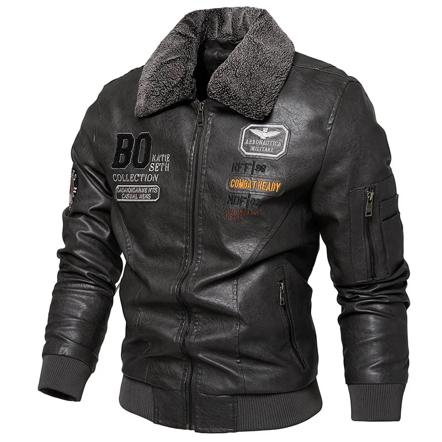 Giacca Bomber in Pelle Uomo Slim Fit con Collo in Pelliccia Giacca Calda