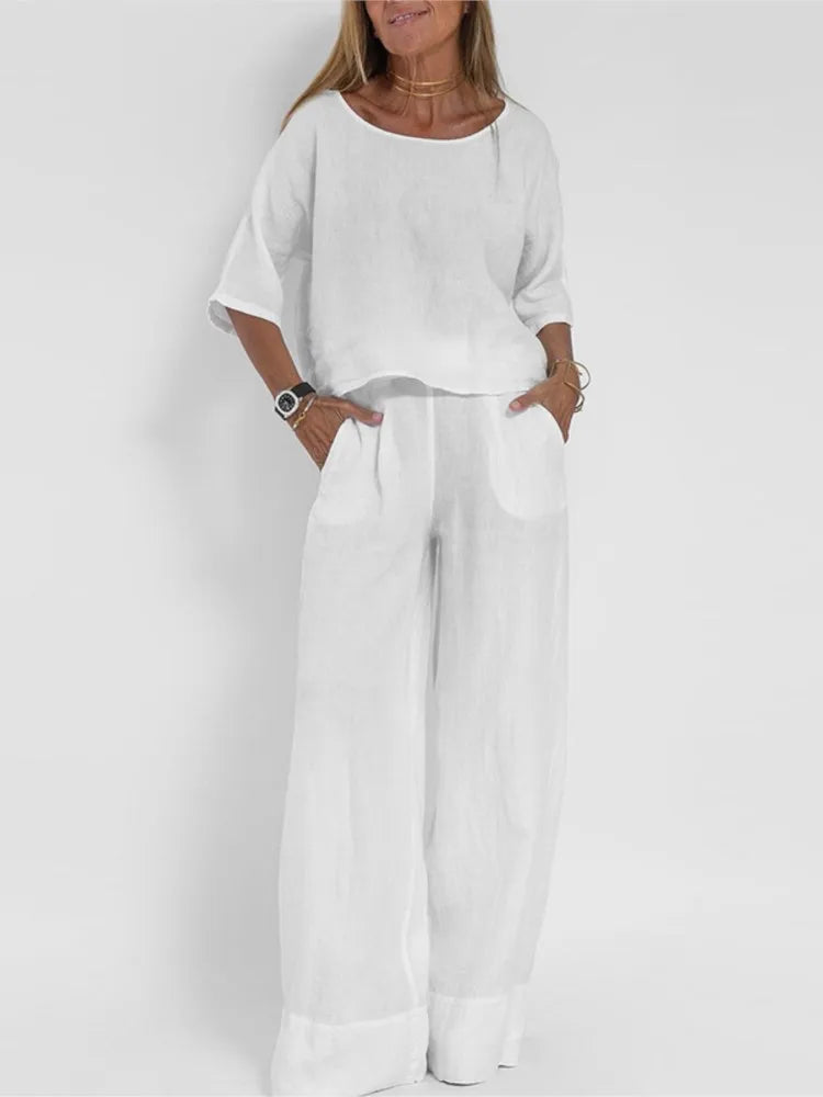 Set Due Pezzi Donna Cotone Lino Smanicato Top Manica Corta  Pantaloni Largo Casual