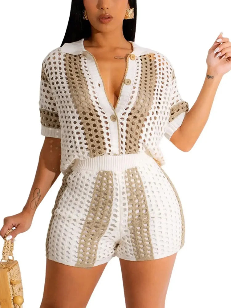 Completo Donna Set 2 Pezzi Crochet Cardigan con Bottoni e Pantaloni Copricostume