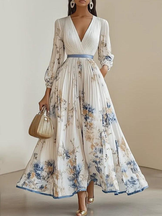 Abito Donna Chiffon Floreale Manica Lunga Scollo a V A-Line Maxi Dress – Cerimonia