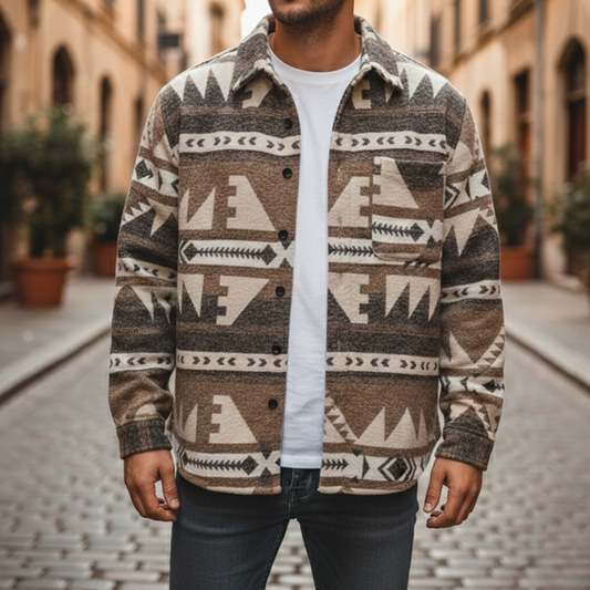 Giacca Uomo in Flanella con Motivo Geometrico Marrone e Beige
