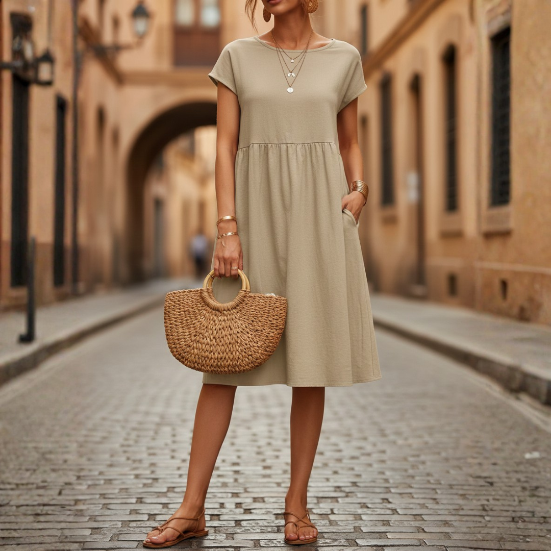 Abito Midi a Balze Maniche Corte Girocollo Donna