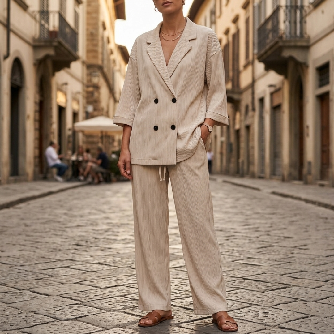 Completo Donna Blazer Doppiopetto e Pantaloni a Gamba Larga