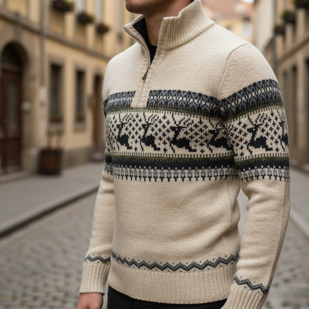Maglione Uomo con Zip e Motivo Natalizio